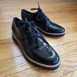 Franco Sarto Charles Patent Black Lug Sole Lace Up Derby Oxford, Goth Office, 7M